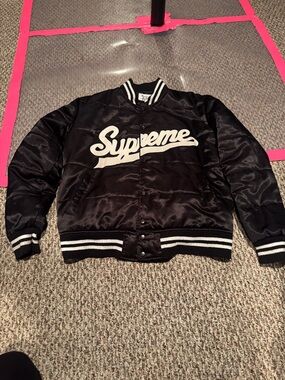 Gently used Supreme Black Satin Script Logo Jacket with White Trim size XL